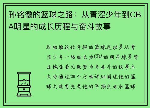 孙铭徽的篮球之路：从青涩少年到CBA明星的成长历程与奋斗故事
