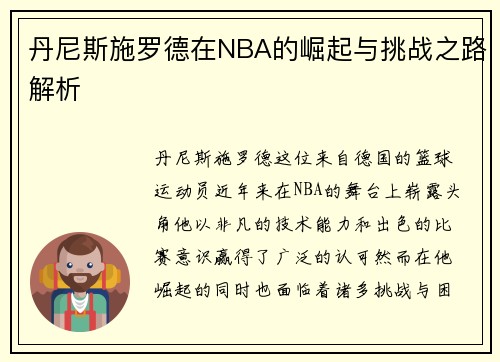 丹尼斯施罗德在NBA的崛起与挑战之路解析