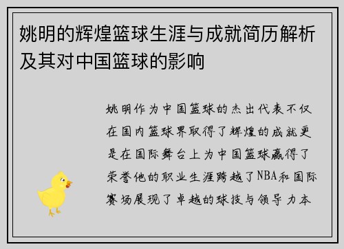 姚明的辉煌篮球生涯与成就简历解析及其对中国篮球的影响