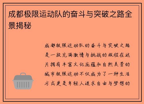 成都极限运动队的奋斗与突破之路全景揭秘