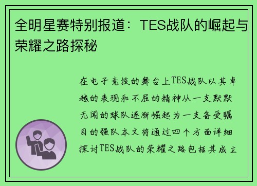全明星赛特别报道：TES战队的崛起与荣耀之路探秘