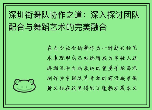 深圳街舞队协作之道：深入探讨团队配合与舞蹈艺术的完美融合
