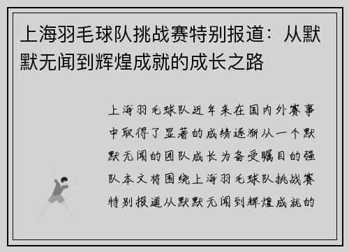 上海羽毛球队挑战赛特别报道：从默默无闻到辉煌成就的成长之路