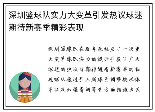 深圳篮球队实力大变革引发热议球迷期待新赛季精彩表现
