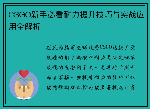 CSGO新手必看耐力提升技巧与实战应用全解析